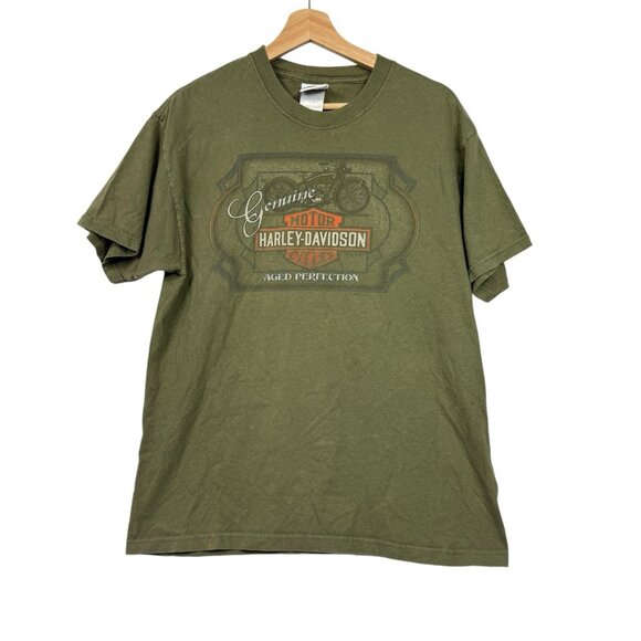 Harley Davidson Motorcycle T-Shirt Men Size Large Hanes Beefy T Green READ FLAWS - Picture 1 of 7